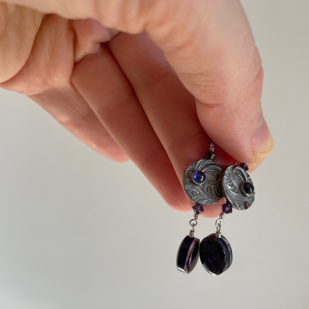Artisan Silver Earrings, Round Medallion, Amethyst Beads‎